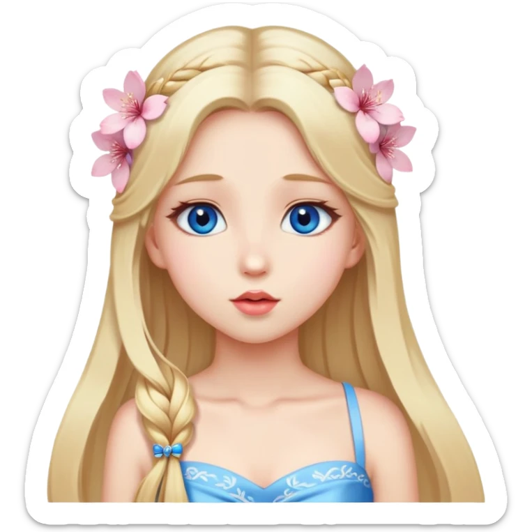Girl with long blond hair and sakura accessories on her hair with a long tailed dress on the floor and have blue eyes beautiful finish and she sending lovely kisses  sticker