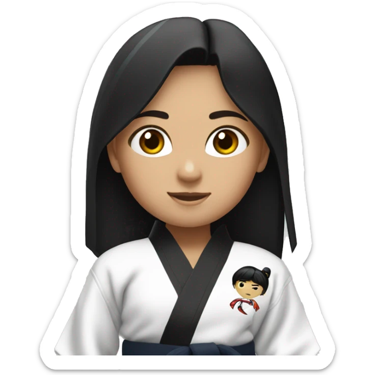 girl with black hair wearing a taekwondo dobok with white belt sticker