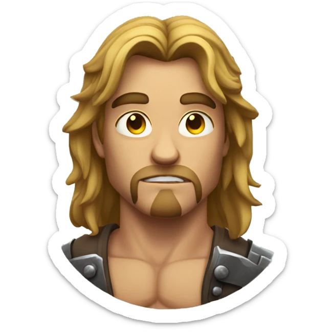 Muscular man with axe, looking off into the distance, long hair and eyes are small  sticker