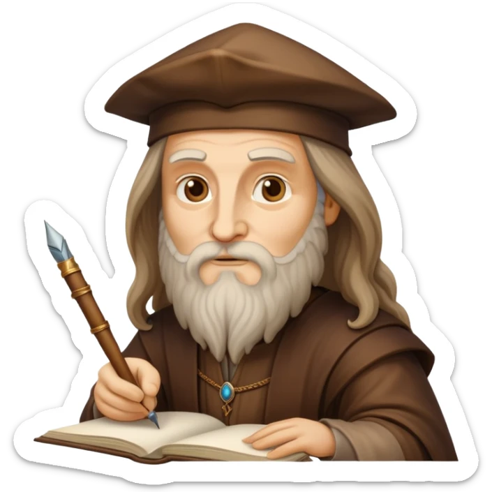 cinematic-realistic-leonardo-da-vinci-portrait-emoji,-depicted-as-the-quintessential-renaissance-polymath-with-deep,-thoughtful-eyes,-a-flowing-beard,-and-a-quill-or-sketchbook-in-hand.-the-scene-is-illuminated-with-warm,-classical-light sticker
