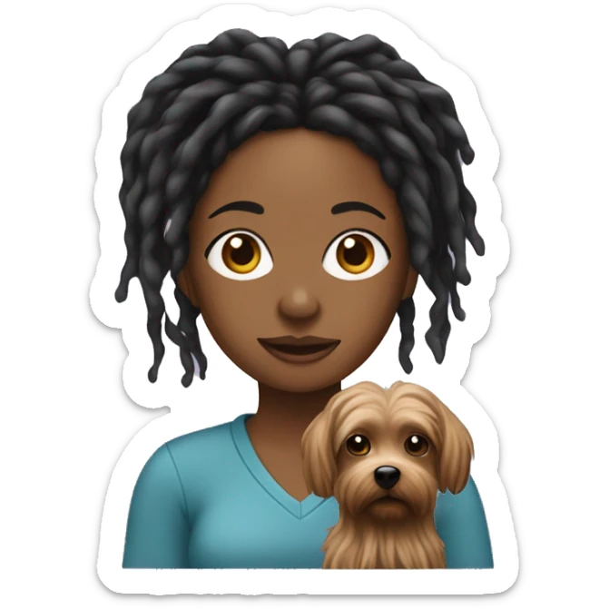 Black woman with dreads holding a yorkiepooh dog sticker