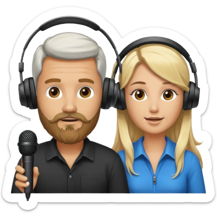 pareja hombre con barba y mujer rubia  pelo largo  charlando en streaming con auriculares sticker