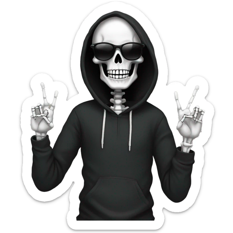 skeleton with sunglasses in black hoodie holding up the peace sign sticker