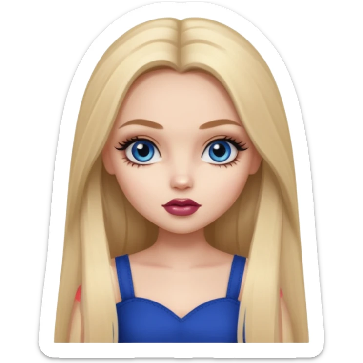 pale skin, girly bratz baddie, beautiful dark blue eyes, bratz makeup, long dark blonde straight hair sticker