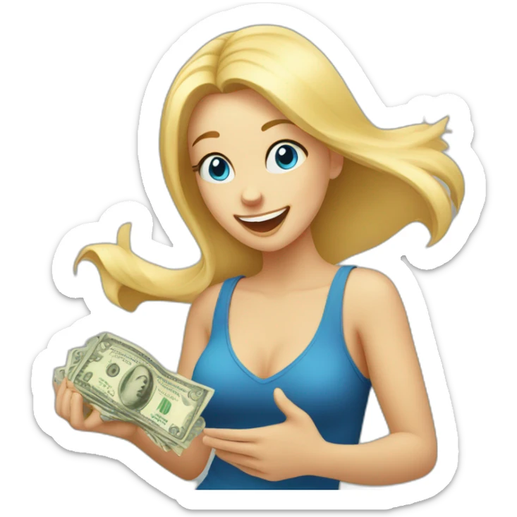 blonde girl with blue eyes rejoices and dances while holding money in her hands sticker