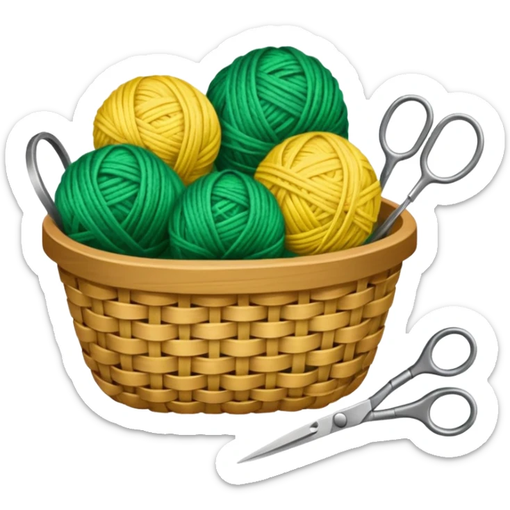 A tidy basket with neatly arranged green and yellow skeins and scissors. sticker