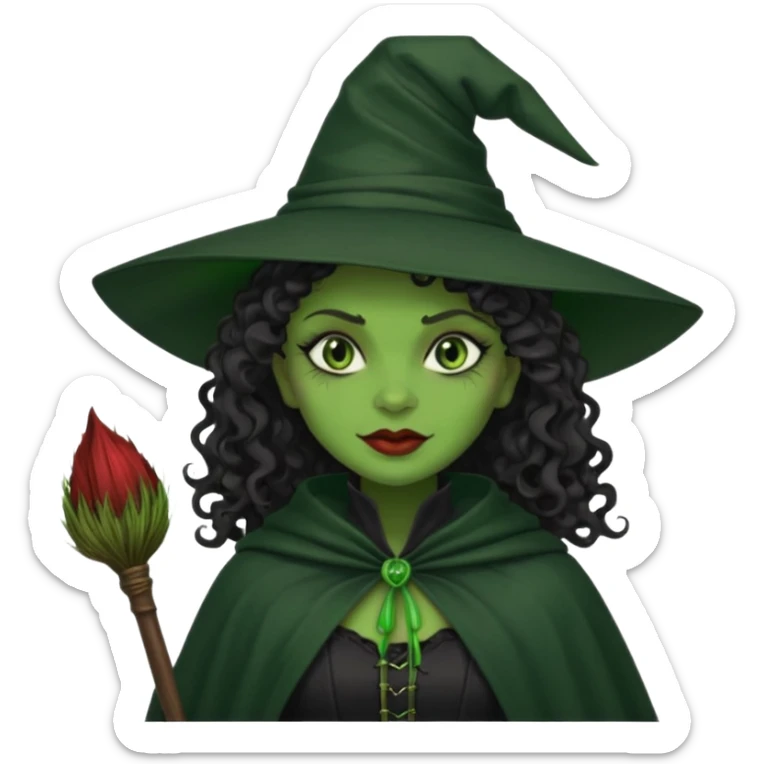 elphaba wicked witch with broom close up, evil dark curly hair, green skin, thick lips, cheekbones, smirk evil menacing cythia erivo dark aesthetic black hat cloak  sticker