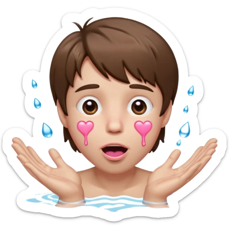 Pale Boy with shaggy brown hair, pink heart shaped eyes looking up , mouth open , water drop dripping from lips, hands on face  sticker