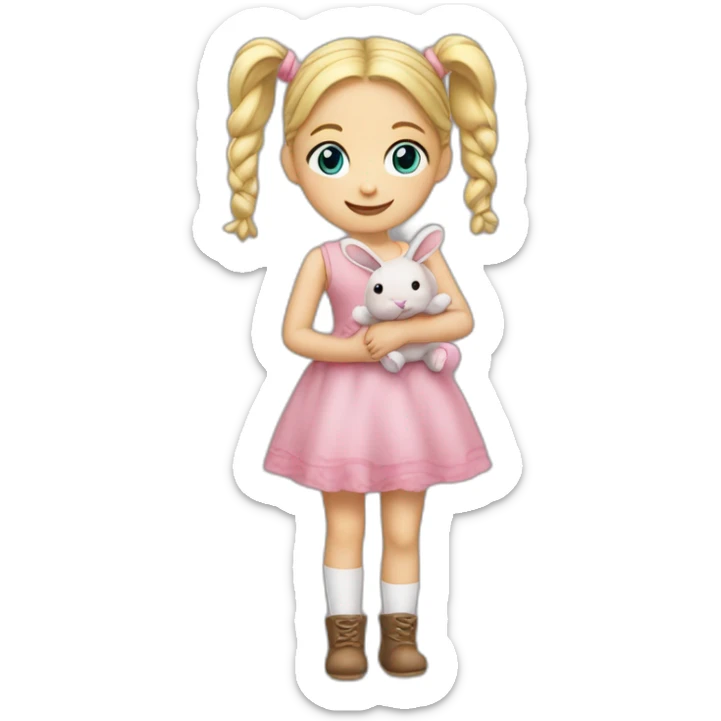 little girl with blond hair with two pigtails, blue eyes. a green rabbit soft toy in her hand, she smiles and has a pink dress and brown tights sticker