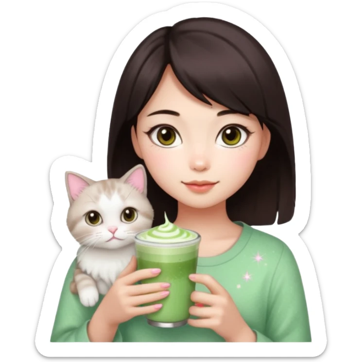 asian girl with short dark brown hair and dark brown eyes with a soft girl pink glowup aesthetic, matcha latte, 2 ragdoll cats, and sparkles sticker