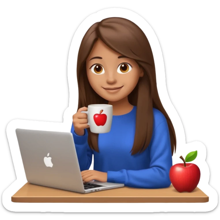 young woman, 20 years old, long straight brown hair, wearing a sweater, drinking coffee and working on a laptop, smiling, 3D Apple emoji style sticker