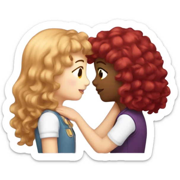 Two girls kissing eachother but one its a bronw with red purplish hair and bang and the other is white white curly light brown hair sticker