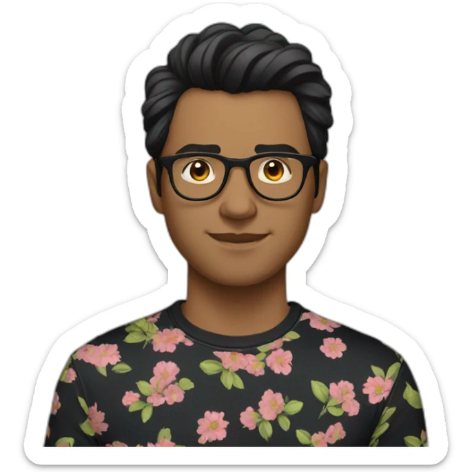 striking up dark hair guy wearing glasses and dark t-shirt with flowers print sticker