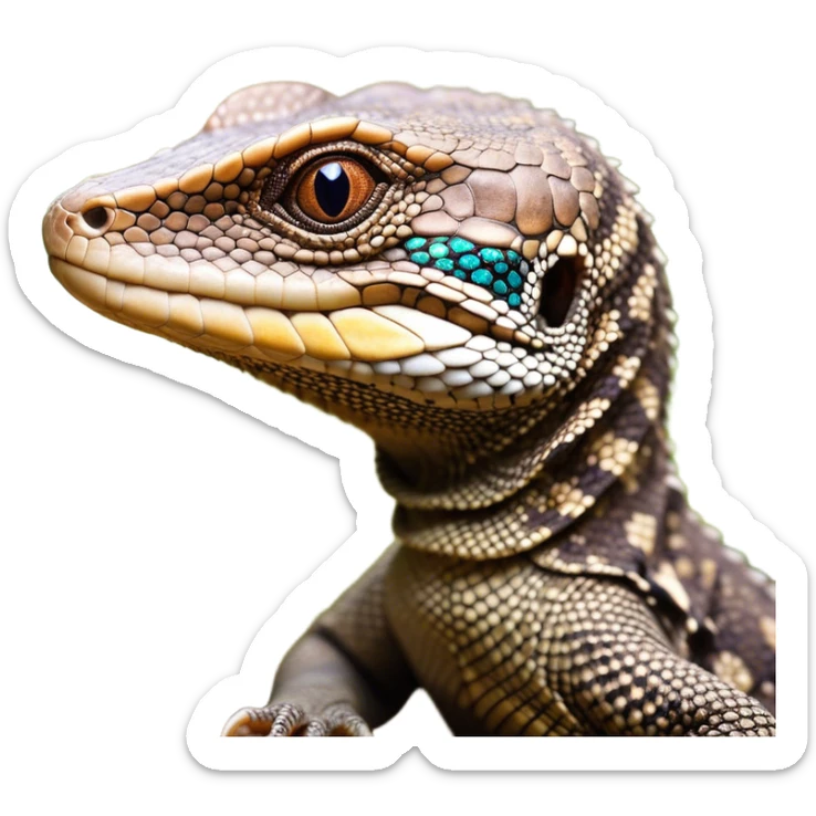 Cinematic Cute brown camo spotted monitor Lizard Portrait Emoji, Head tilted playfully and inquisitively, with a sleek, patterned body accented by vibrant hues and round, sparkling eyes full of wonder, Simplified yet irresistibly adorable features, highly detailed, glowing with a warm, friendly glow, high shine, affectionate and lively, stylized with a touch of exotic charm, bright and endearing, soft glowing outline, capturing the essence of a mischievous yet captivating lizard that seems as if it could scuttle out of the screen into your arms! sticker