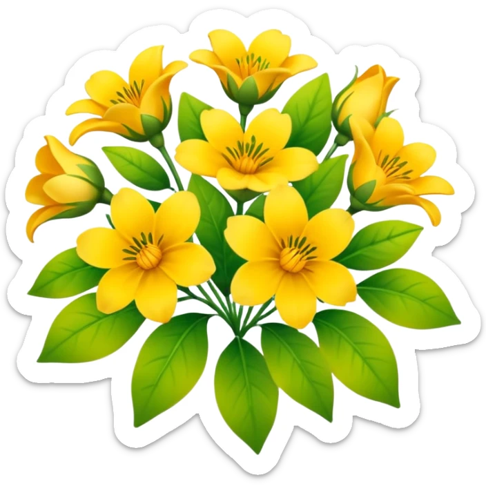 Generate a high-quality image of a bouquet of flowers dominated by yellow blooms, with a mix of green leaves, realistic colors and shading, smooth gradient colors, no human figures, no facial features, no brand markings, simple white background, high-resolution.
 sticker