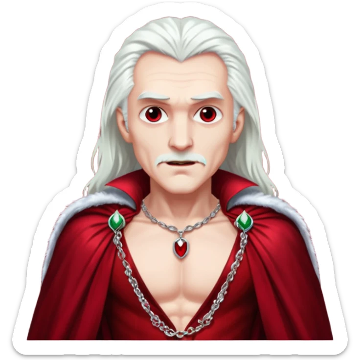 Dracula with long white hair, dark red sequin baggy pants, shirtless with necklace, dark red sequin cape sticker