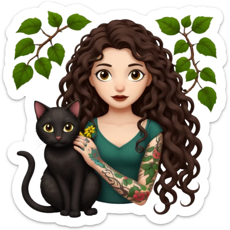 woman with long curly brown hair, brown eyes, white skin, tattoos, black cat tangled in living vines sticker
