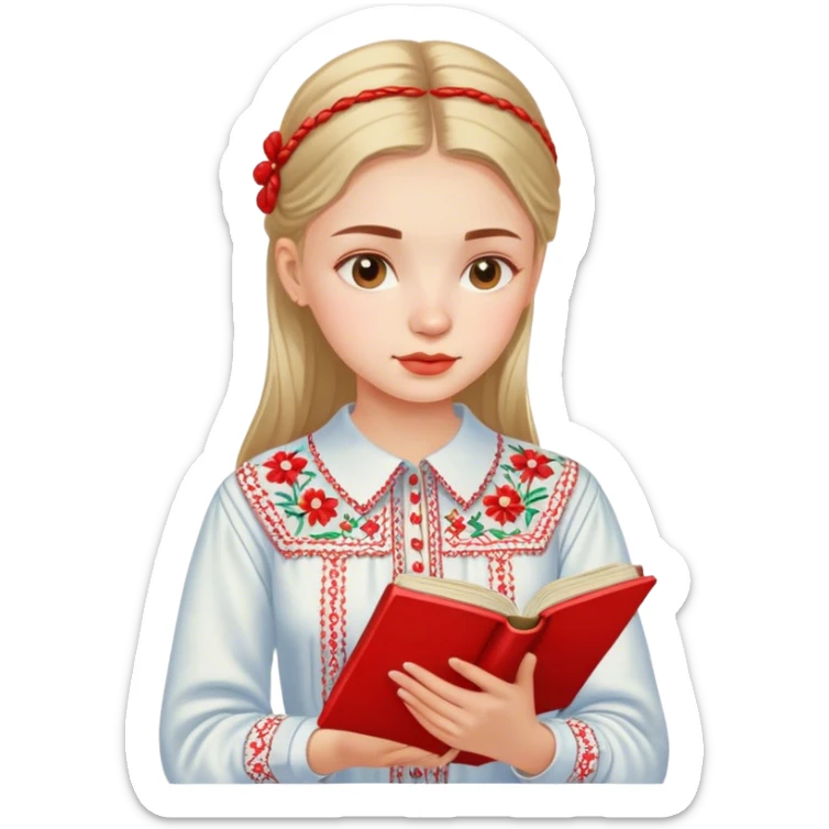 A Ukrainian girl in an embroidered shirt reads a red book sticker