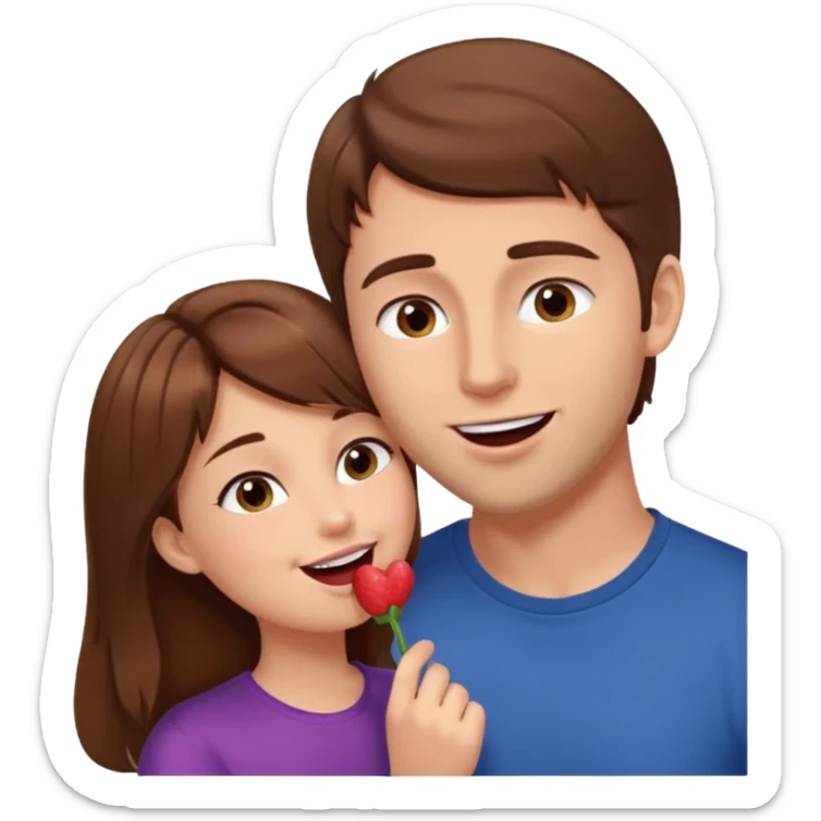 There is a girl with brown hair standing next to her, a tall man with brown hair, and the girl passionately licks his cheek sticker