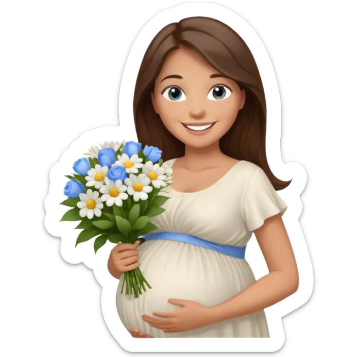 Create a cute emoji-style illustration of a young brunette woman with long brown hair, blue eyes, and a happy smile. She is pregnant, shown with a visible baby bump, wearing a simple white dress and holding a small bouquet of flowers. She looks excited and joyful, as if she's about to marry soon. sticker