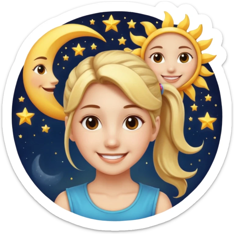 An Emoji of girl with ponytail, who can be described by three words: sun, moo, star sticker