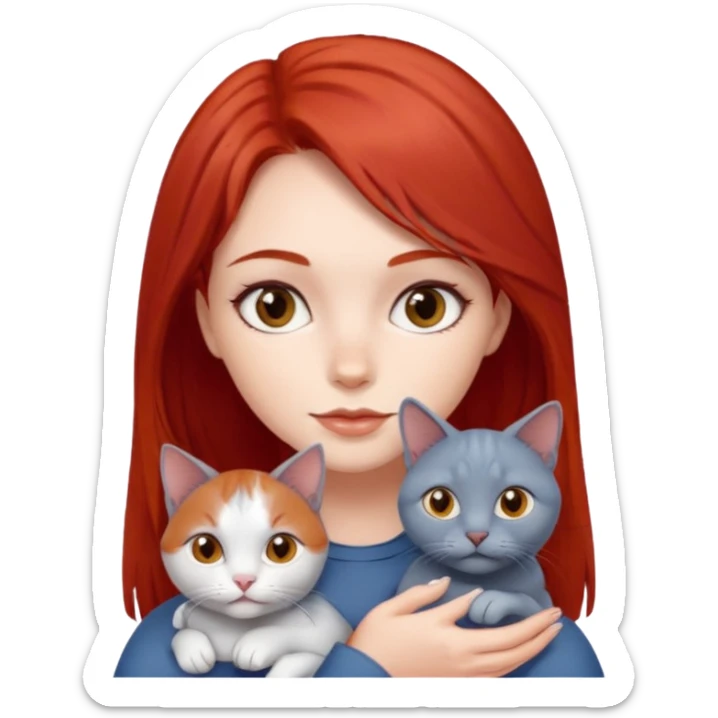 White skin girl, red hair, brown eyes holding one Russian Blue cats sticker