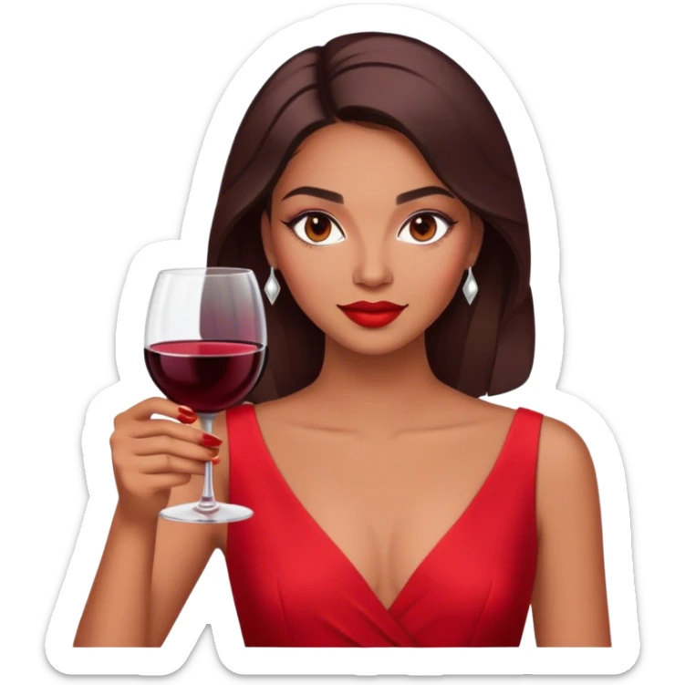 a woman in a bright red dress, with makeup, a confident gaze, and a glass of red wine. sticker