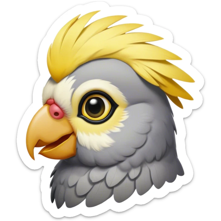 Cinematic Noble Cockatiel Portrait Emoji, Poised and regal, with a slender, delicate build and a beautifully groomed grey fur accented by vibrant yellow cheek patches and a graceful crest, deep-set soulful dark eyes, Simplified yet sharp and sophisticated features, highly detailed, glowing with a soft, dignified glow, high shine, intelligent and charming, stylized with an air of elegance, focused and attentive, soft glowing outline, capturing the essence of a watchful and confident avian companion, so majestic it feels as though it could flutter out of the screen with effortless authority! sticker