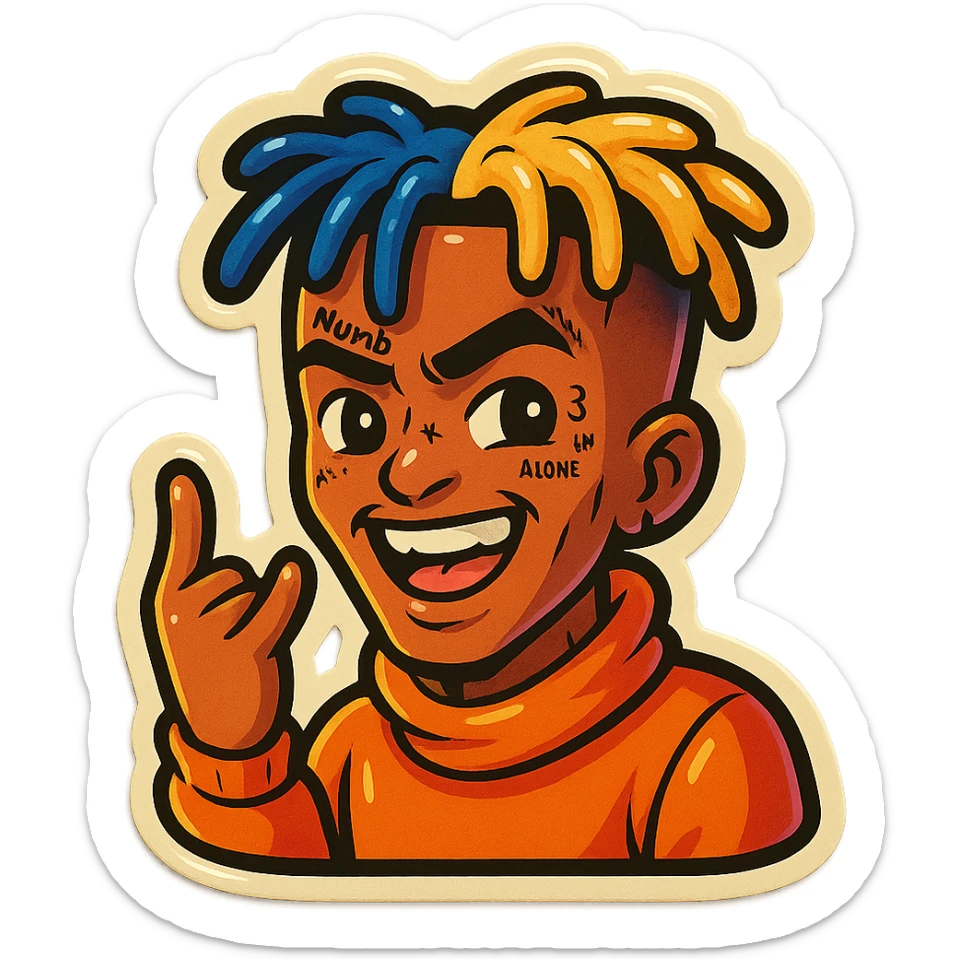 xxxtentacion cartoon style sticker, vibrant, energetic, with signature hair and tattoos sticker
