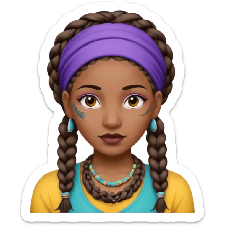 big lose braids starting from the top of the head woman face wiith big visible braids and mono color headband on head  face and braids as big as headband and lots and lots of face tattoos colored tattoos like a tattoo artist hair unique color sticker