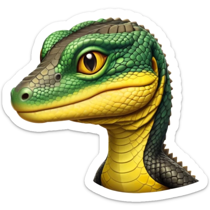 cinematic-realistic-cute-monitor-lizard-portrait-emoji,-head-tilted-playfully-and-inquisitively,-featuring-a-compact,-agile-body-with-finely-detailed,-glossy-scales-in-earthy-black and yellow-hues-and-a-distinct,-alert-face-with-bright,-curious-eyes, black , yellow spotted and green band  scales and a slender neck sticker