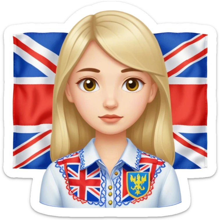 Ukrainian girl in an embroidered shirt against the background of the British flag sticker