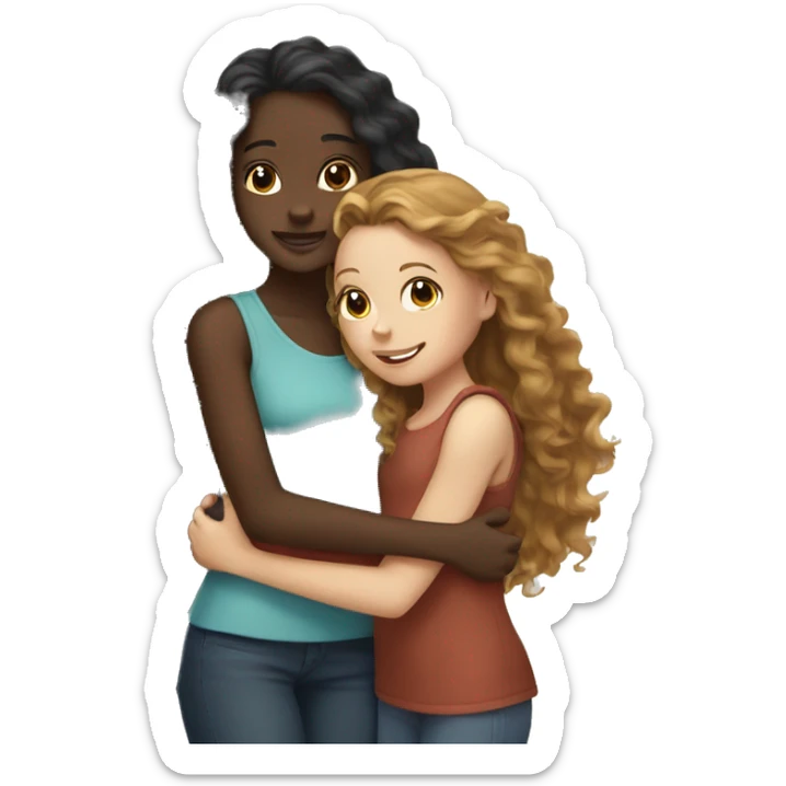black girl with long curly hair hugging white girl with long brown hair sticker