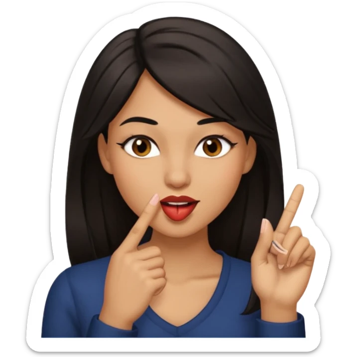 black slighty browin hair light brown skin woman, flirtatious gesture, biting her finger and winking emoji she also has tall hair and brown eyes sticker