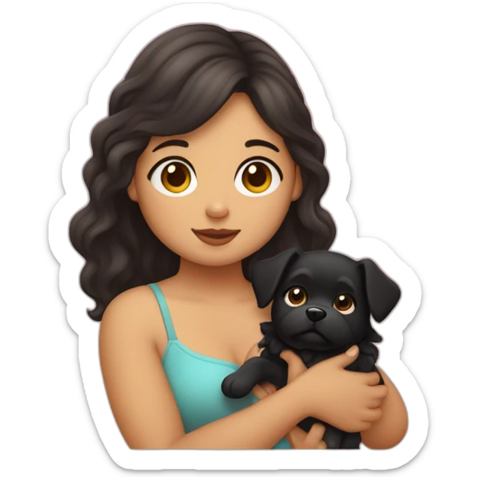 very chubby fair girl with extra wavy black hairs holding dog in her arms sticker