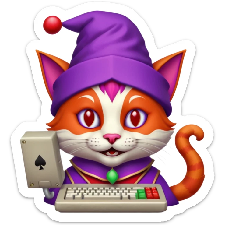 crazy colorful cute little cat jolly joker from poker, medieval, vintage, court jester, mac os icon, purple and red color, half body. The cat is inside a retro computer terminal sticker