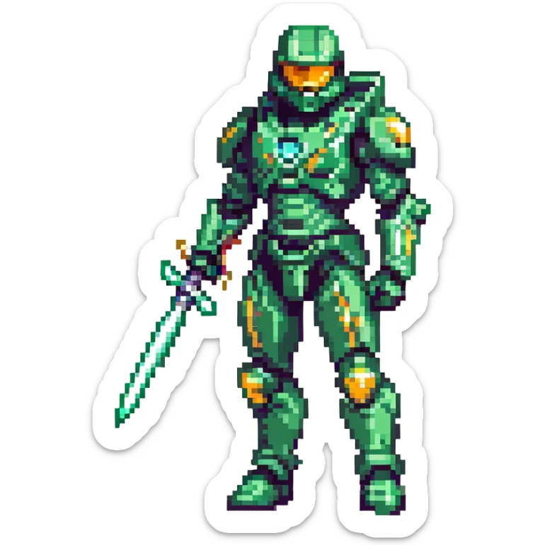 Master Chief from Halo, holding an energy sword, futuristic armor, green and gold accents, heroic stance, pixel art style sticker
