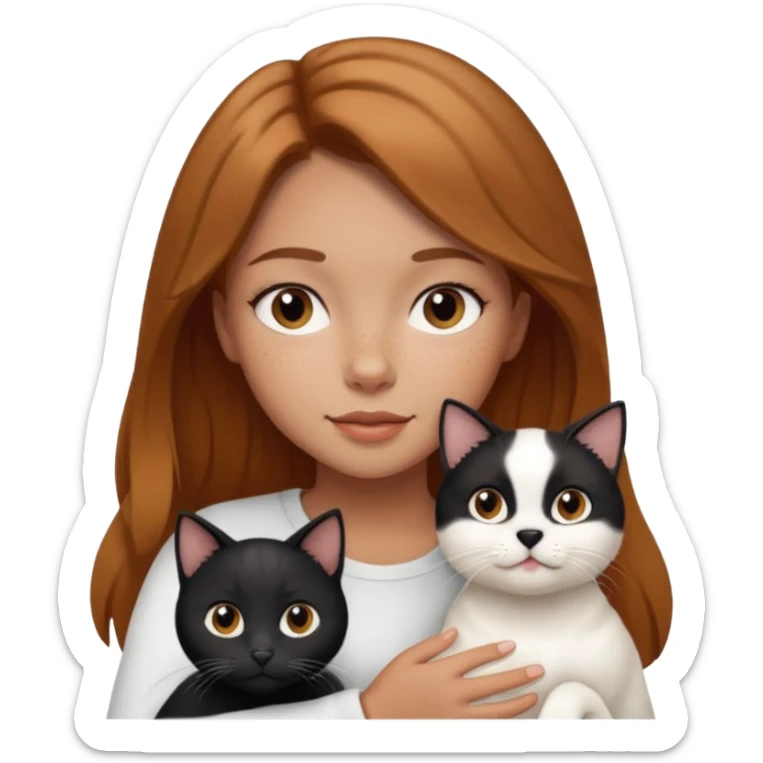Girl with light brown hair, a few miles on her face, holding a white dog and a black cat  sticker