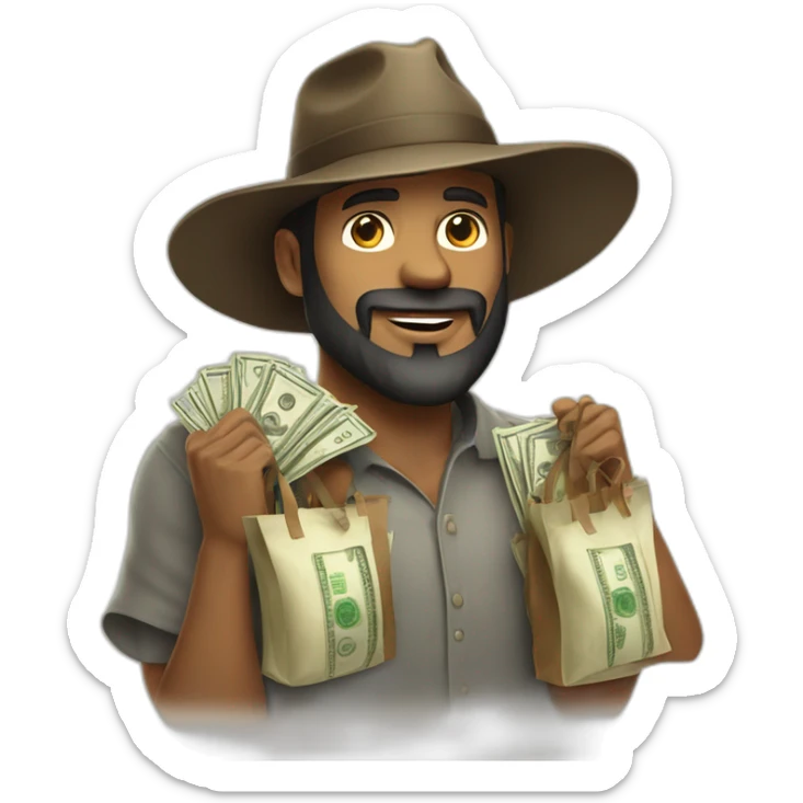 Man in beard and wide brim hat holding bags of money sticker
