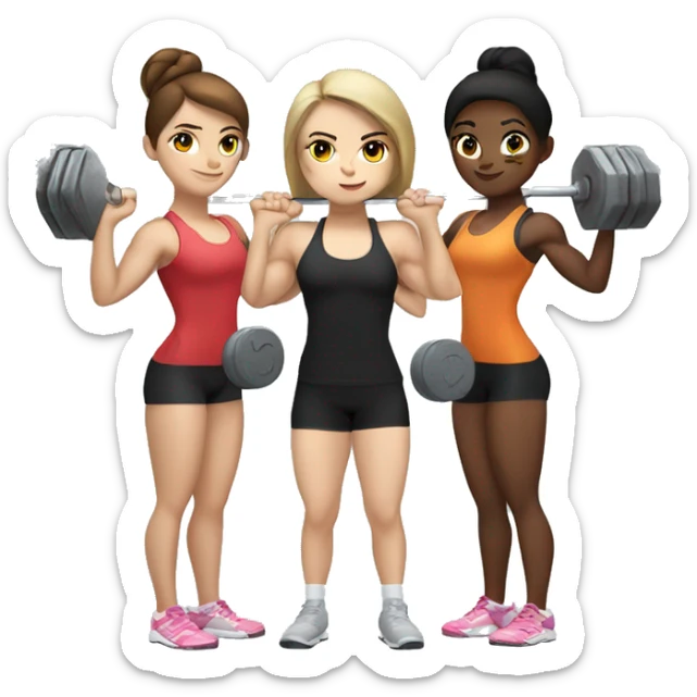 Three white girls with brown hair or black hair doing Olympic weightlifting with a barbell sticker