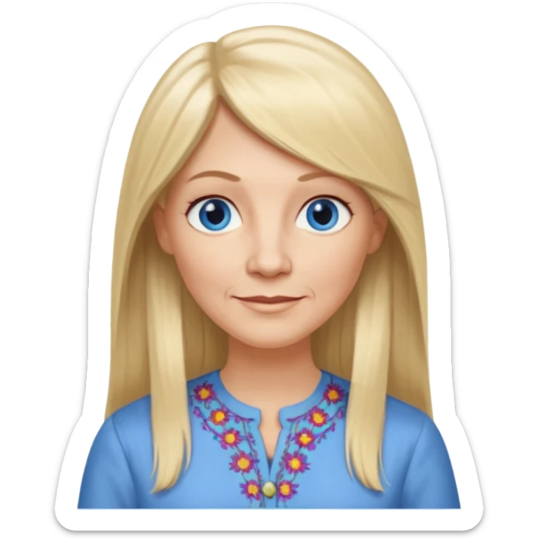 50 yr old white woman, hippie part bangs, very long straight blond hair, oval face, small smile, blue eyes, thin face, hair downback, hair parted at center of head, round cheeks, pale, longer hair, dress shirt sticker