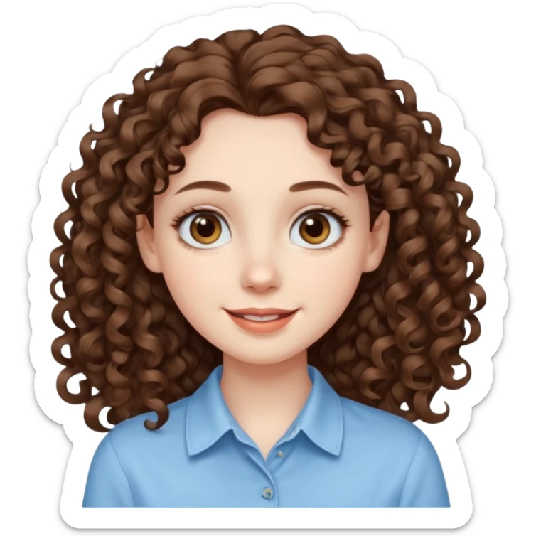 Light brown eyed female with pale skin. She has big eyes, curly and long dark brown hair and thin lips smiling. sticker