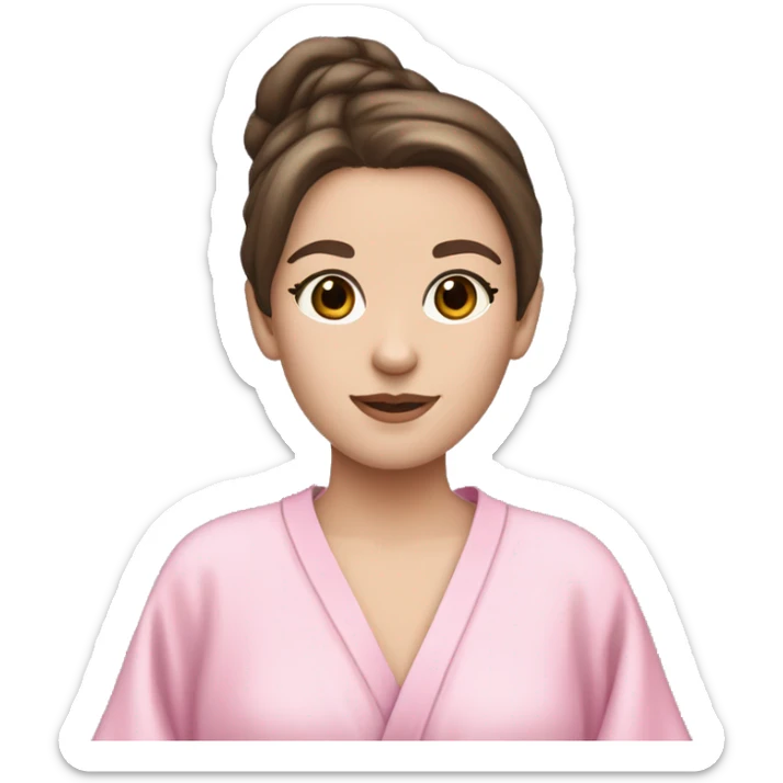 Brunette hair pale skinned but not so pale a little tan girl with a facemask and a cute pink robe and a cute skincare headband  sticker