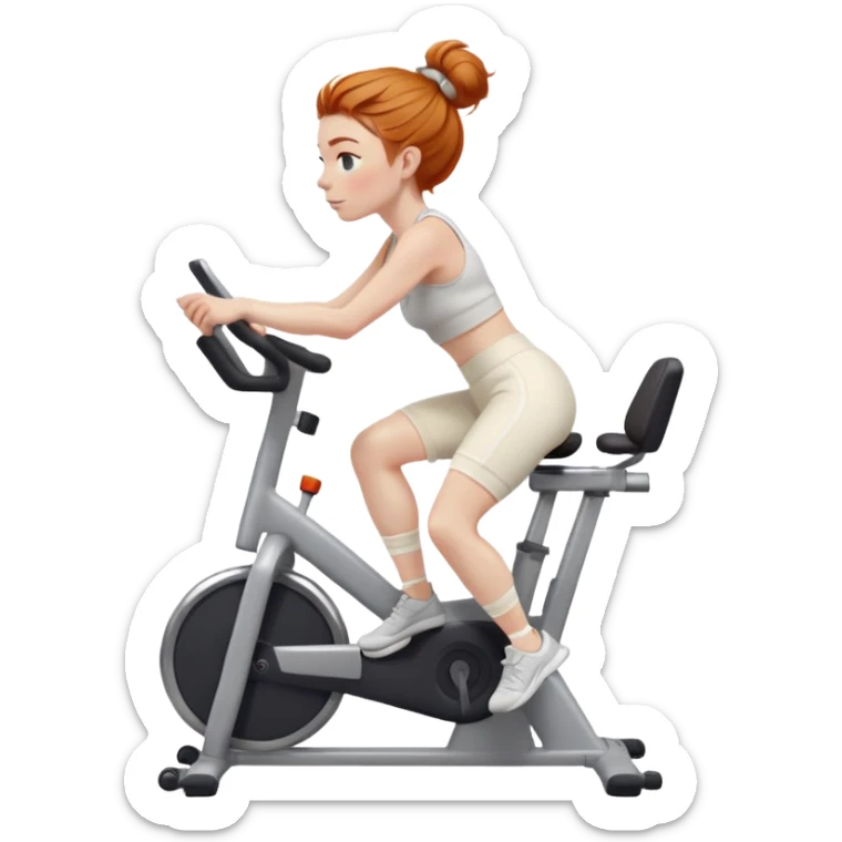 Fit Ginger girl messy bun riding stationary bike cream sweatpants sticker