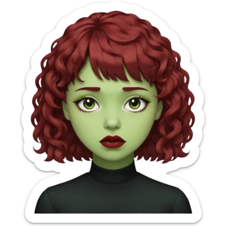 quero que você cria uma mulher, o rosto dela. nela, ela tem cabelo curto e ondulado, tem franja e ela tem semblante triste(cabelo cor meio preto avermelhado) deixe mais cacheado, faça ela bem alternativa (estilo) deixe ela com cor de pele verde sticker