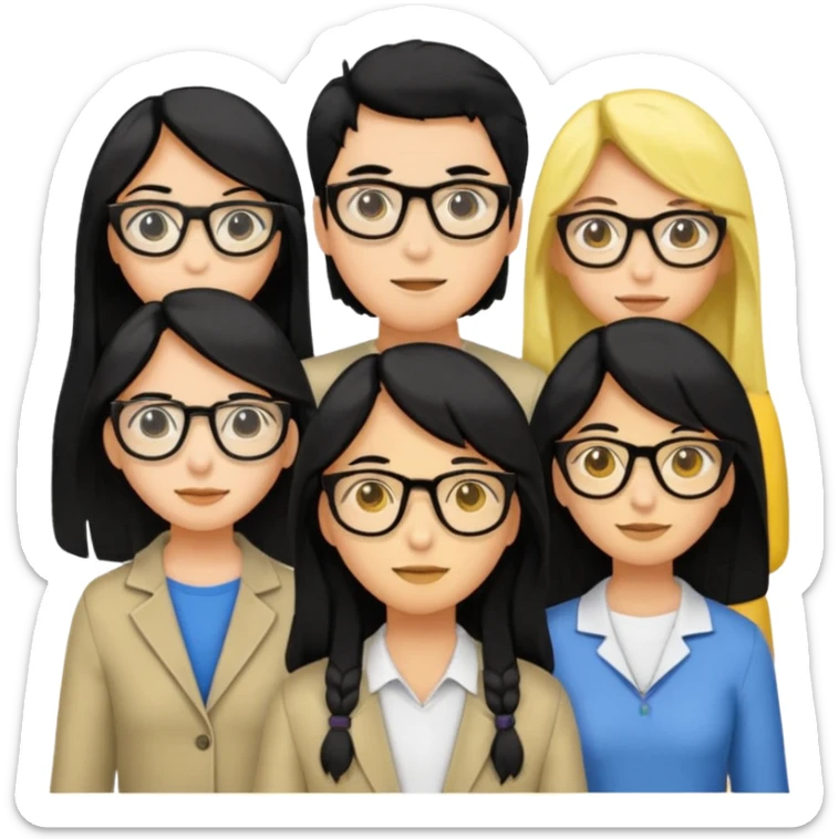 4 persons， 2 female， 2 male, 2male in the middle and 2 female in the side, one female wearing glasses and is black hair, yellow skin, both female are long hair sticker