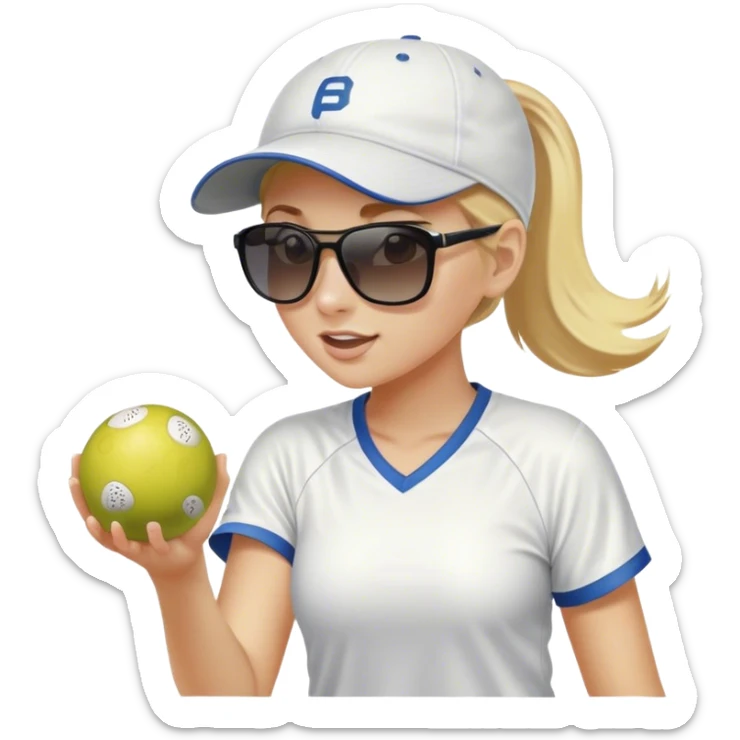 Girl with blond hair in a ponytail wearing a white baseball cap and sunglasses playing pickleball sticker