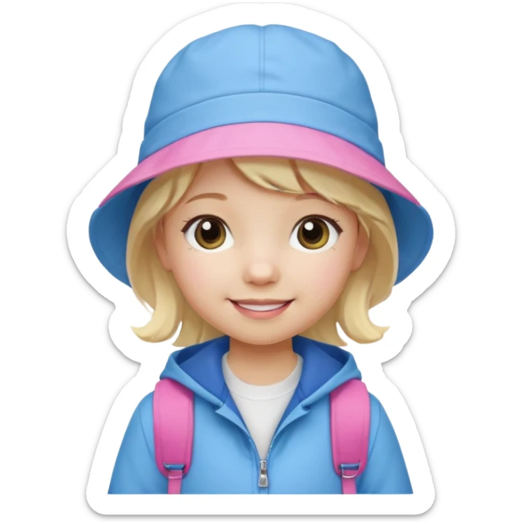 A little girl student white skin, blonde hair, with pink bucket hat, white jacket, blue backpack sticker