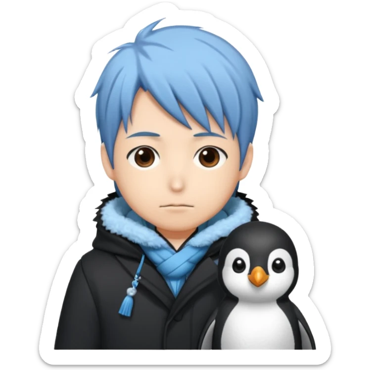 Winter penguin lying on Akashi Seijūrō’s shoulder with Akashi wearing winter clothes ans Akashi Seijuro from kuroko no basuke anime sticker