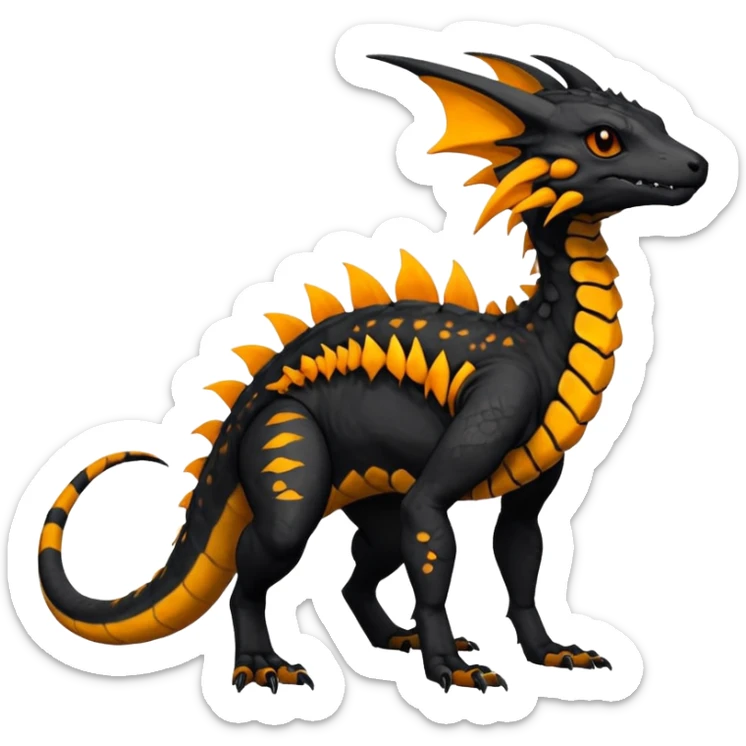 Rare realistic exotic edgy dark gothic gloomy spooky black and orange/yellow epic pretty beautiful handsome gorgeous aesthetic colorful vibrant Vernid-Trico-species-Fakemon-Salandit-hybrid-creature by LiLaiRa, 4 legs, 1 tail, random markings, (full body) sticker